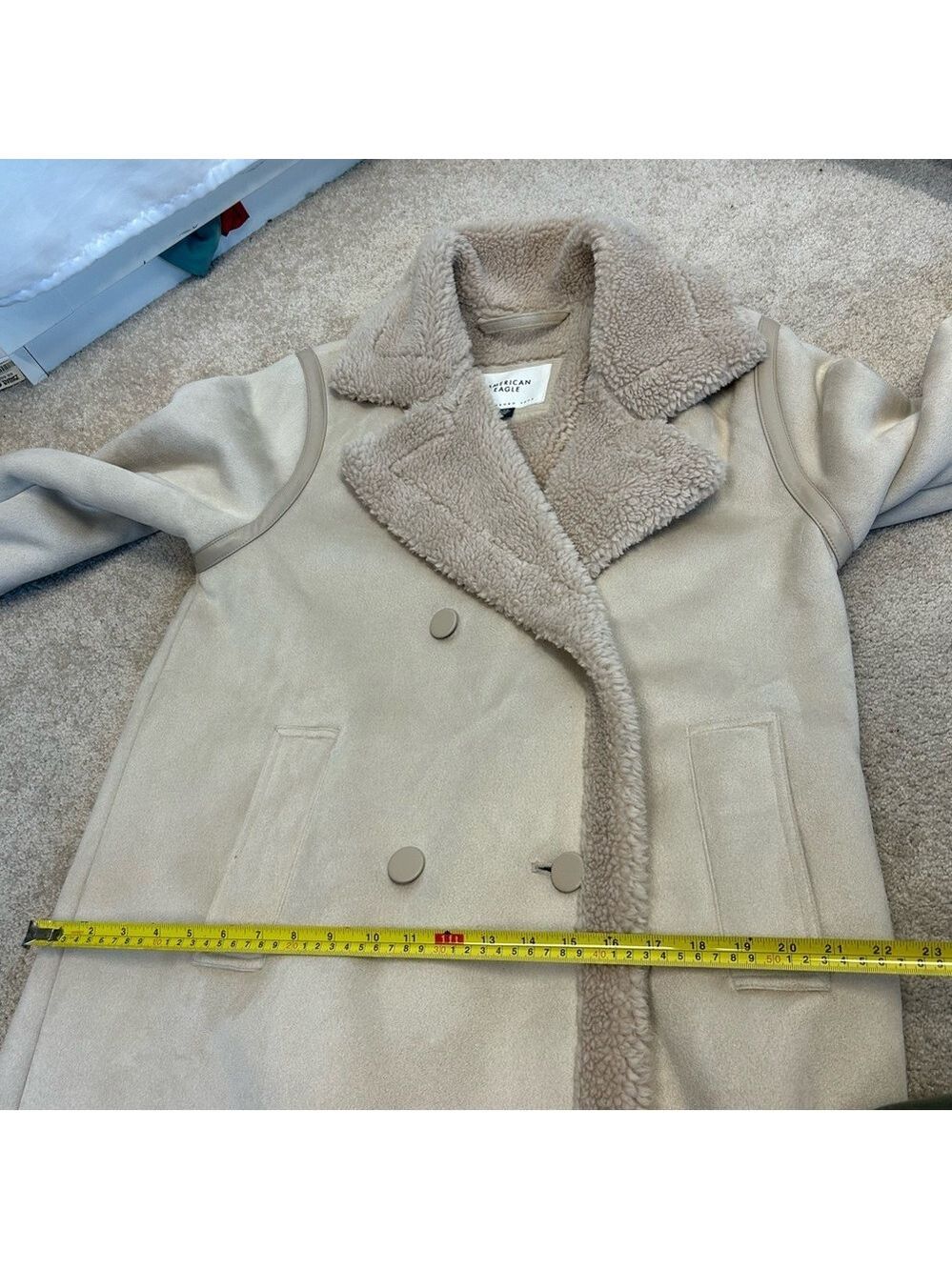 American Eagle double-breasted Vegan faux shearling coat light beige cream Sz L - Picture 10 of 14